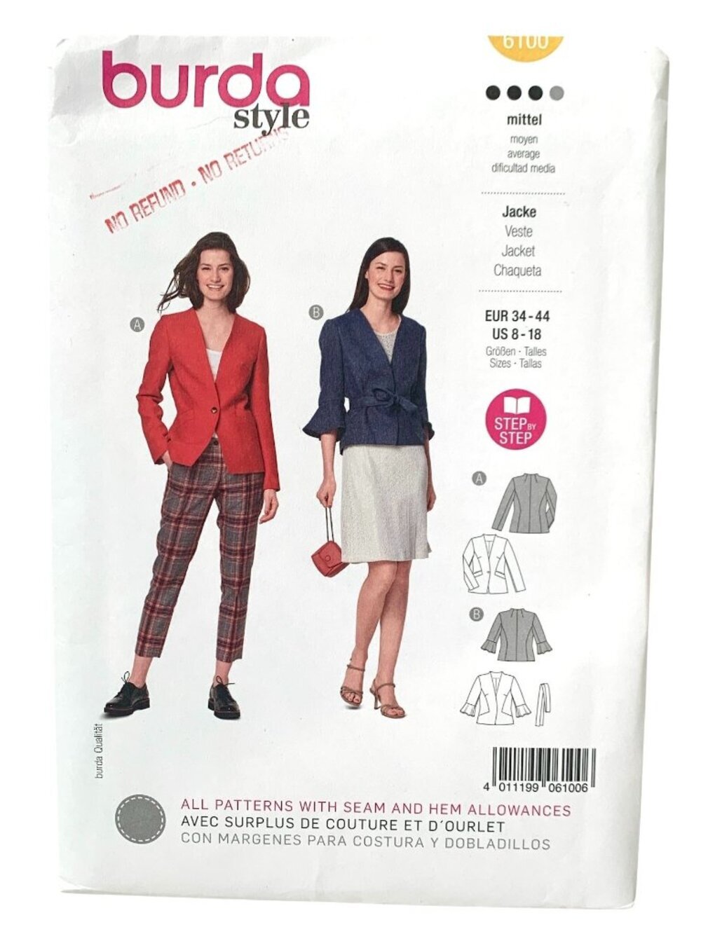 Burda B6100 Pattern Misses Jacket Lined Collarless Size 8 10 12 14 16 18